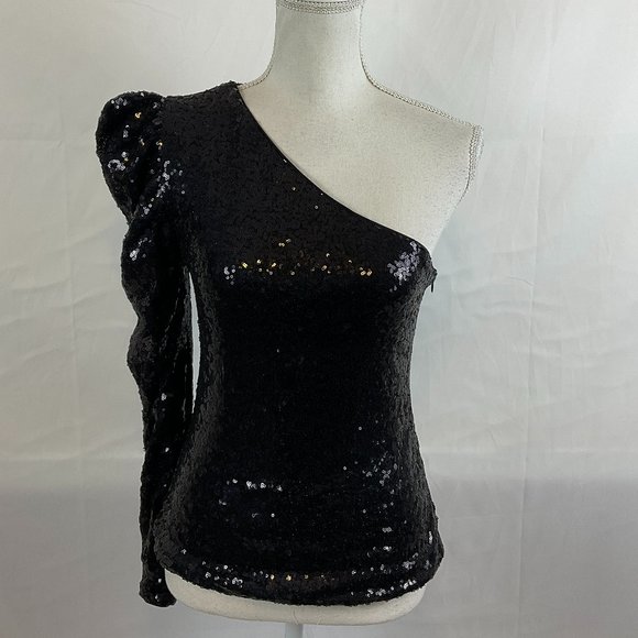 Lovers + Friends Tops - Lovers & Friends One-Shoulder Top M Black Sequins Long Sleeve New NWT